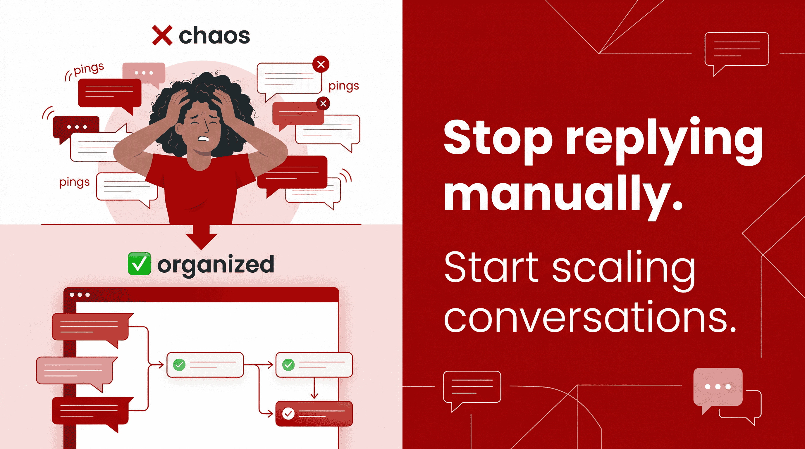Split graphic showing manual messaging chaos vs. whatsapp automation dashboard,  with the tagline "Stop replying manually. Start scaling conversations." 